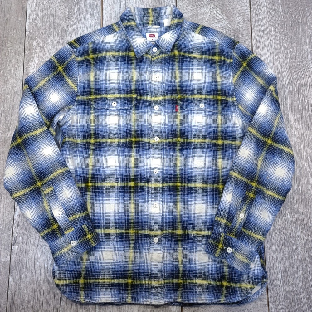 Levis Jackson Flannel Worker Shirt Mens M Blue Plaid Long Sleeve Button Standard